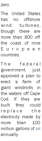 Text Box: zero.The United States has no offshore wind turbines, though there are more than 800 off the coast of nine European countries. The federal government just approved a plan to erect a farm of giant windmills in the waters off Cape Cod. If they are built they could replace the electricity made by more than 100 million gallons of oil annually. 